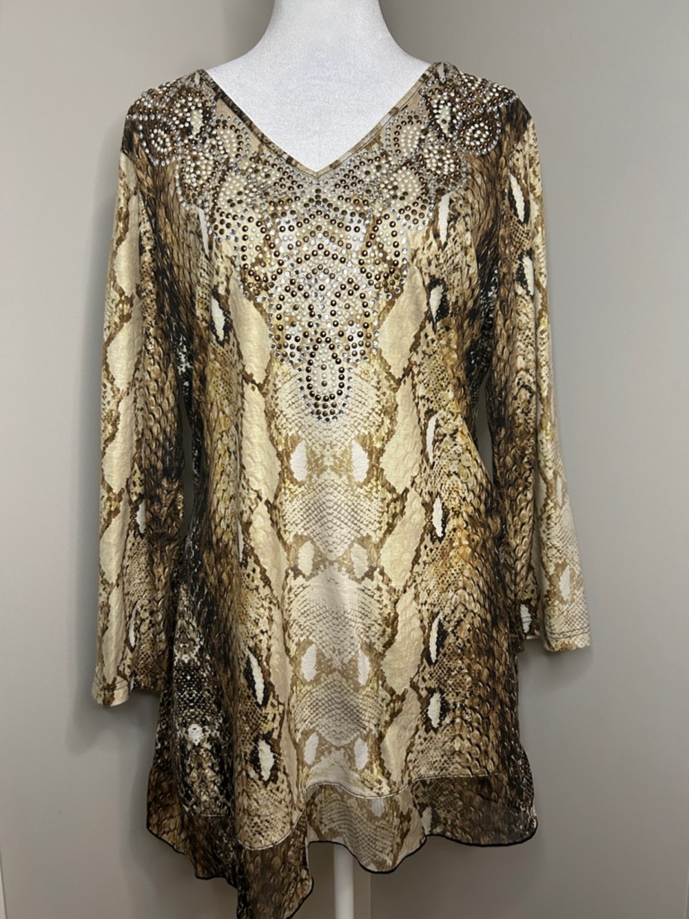 Christina Beige and Brown Snake-Print V-Neck Top with Stud Accents